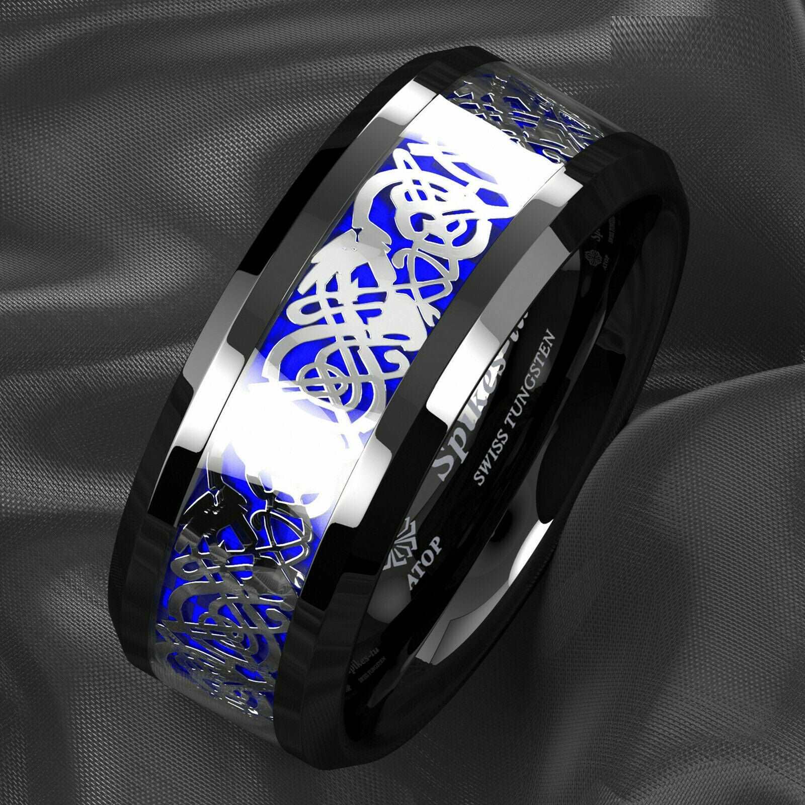 Silver Blue Celtic Dragon Tungsten Ring 8mm - Mens Rings Australia