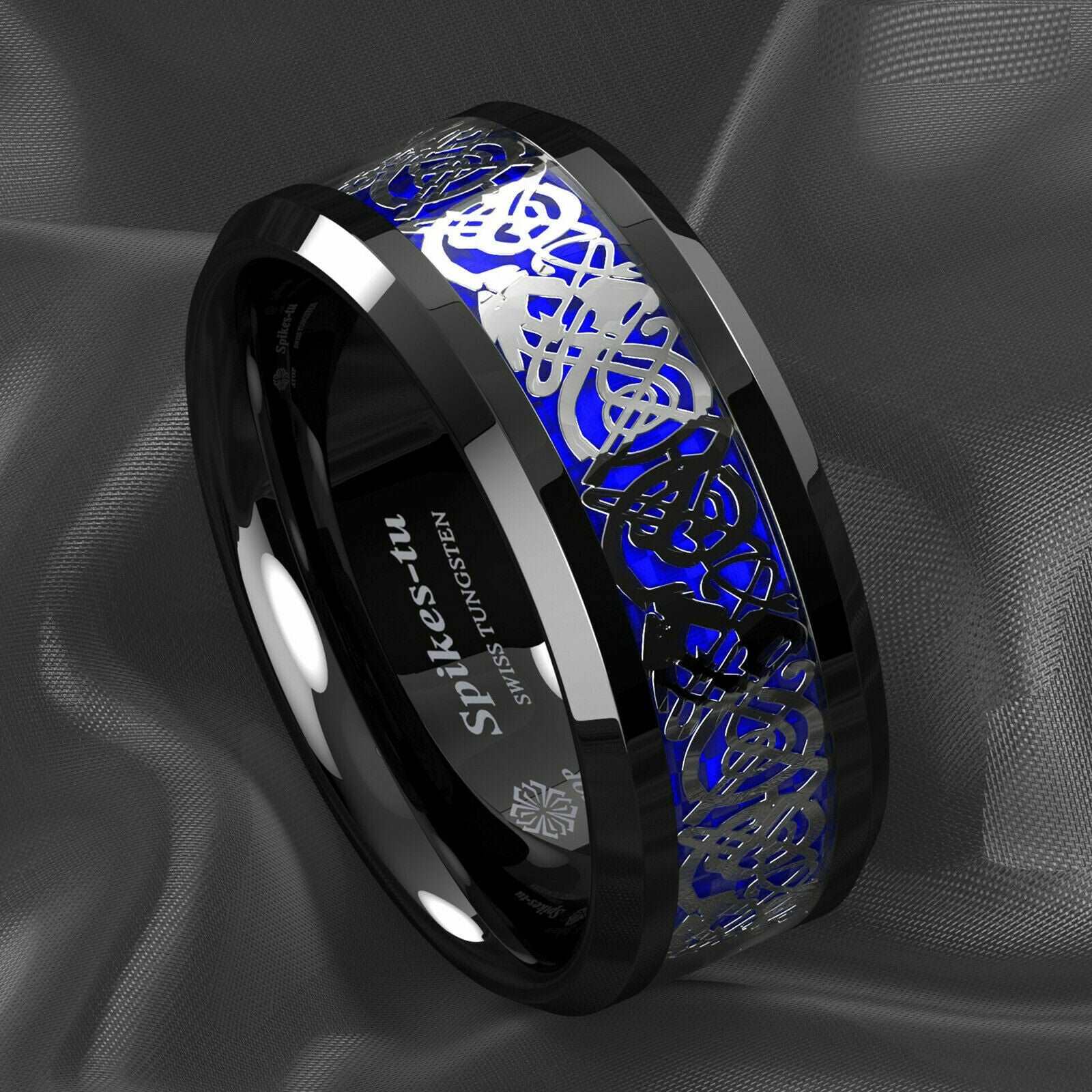 Silver Blue Celtic Dragon Tungsten Ring 8mm - Mens Rings Australia