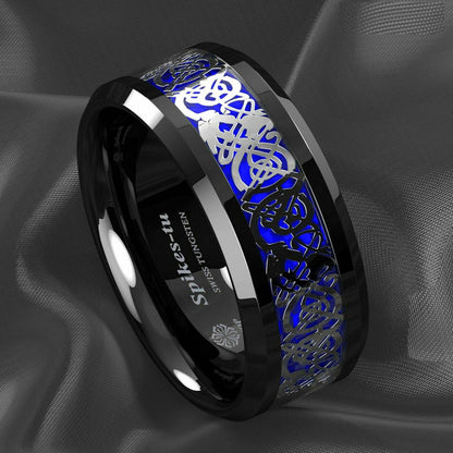 Silver Blue Celtic Dragon Tungsten Ring 8mm - Mens Rings Australia