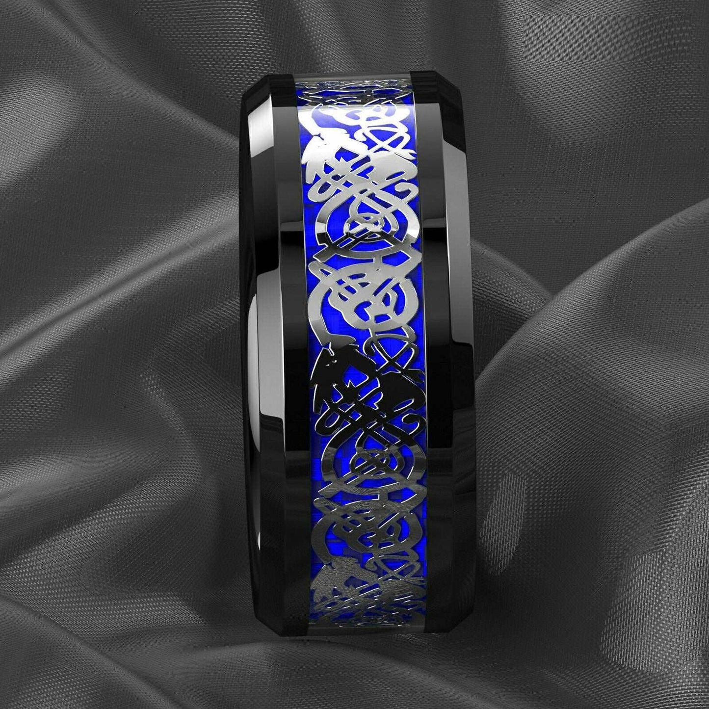 Silver Blue Celtic Dragon Tungsten Ring 8mm - Mens Rings Australia