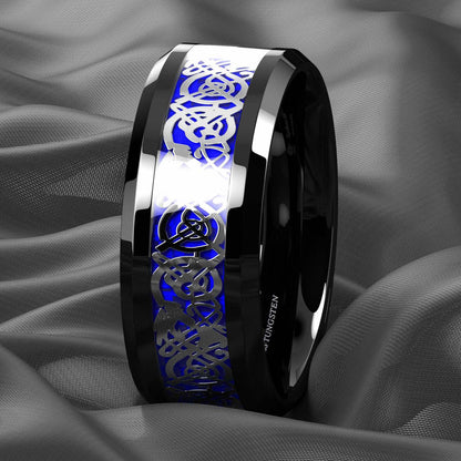 Silver Blue Celtic Dragon Tungsten Ring 8mm - Mens Rings Australia