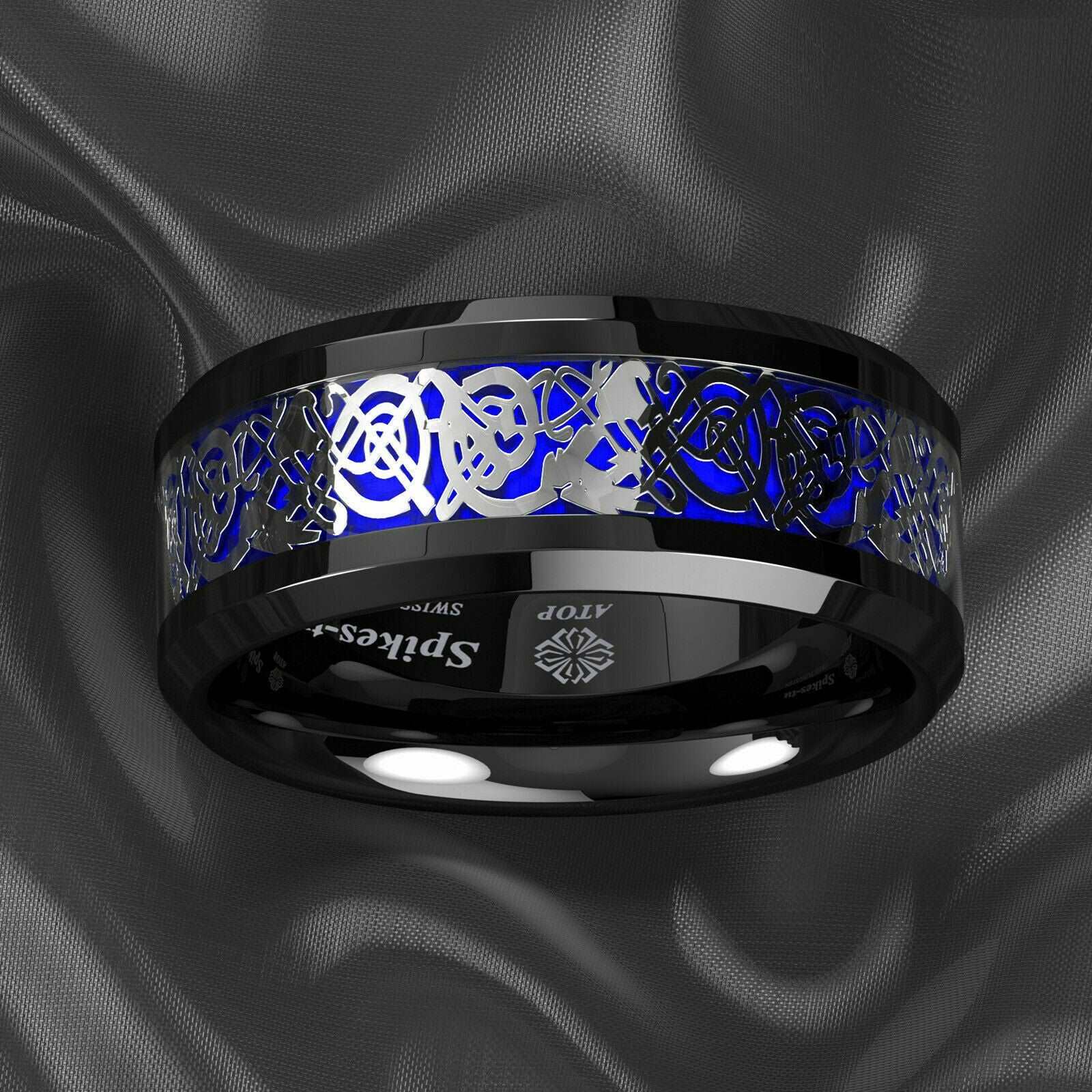 Silver Blue Celtic Dragon Tungsten Ring 8mm - Mens Rings Australia