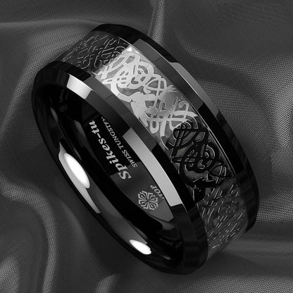 Silver Celtic Dragon Tungsten Ring 8mm - Mens Rings Australia