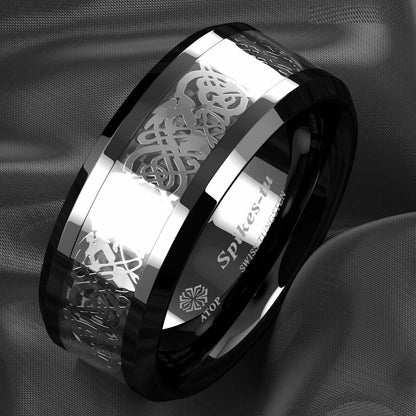 Silver Celtic Dragon Tungsten Ring 8mm - Mens Rings Australia