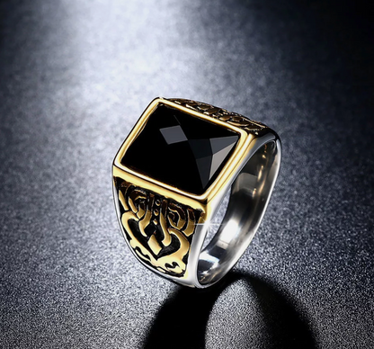 Mens Onyx Stone Silver Gold Detailed ring