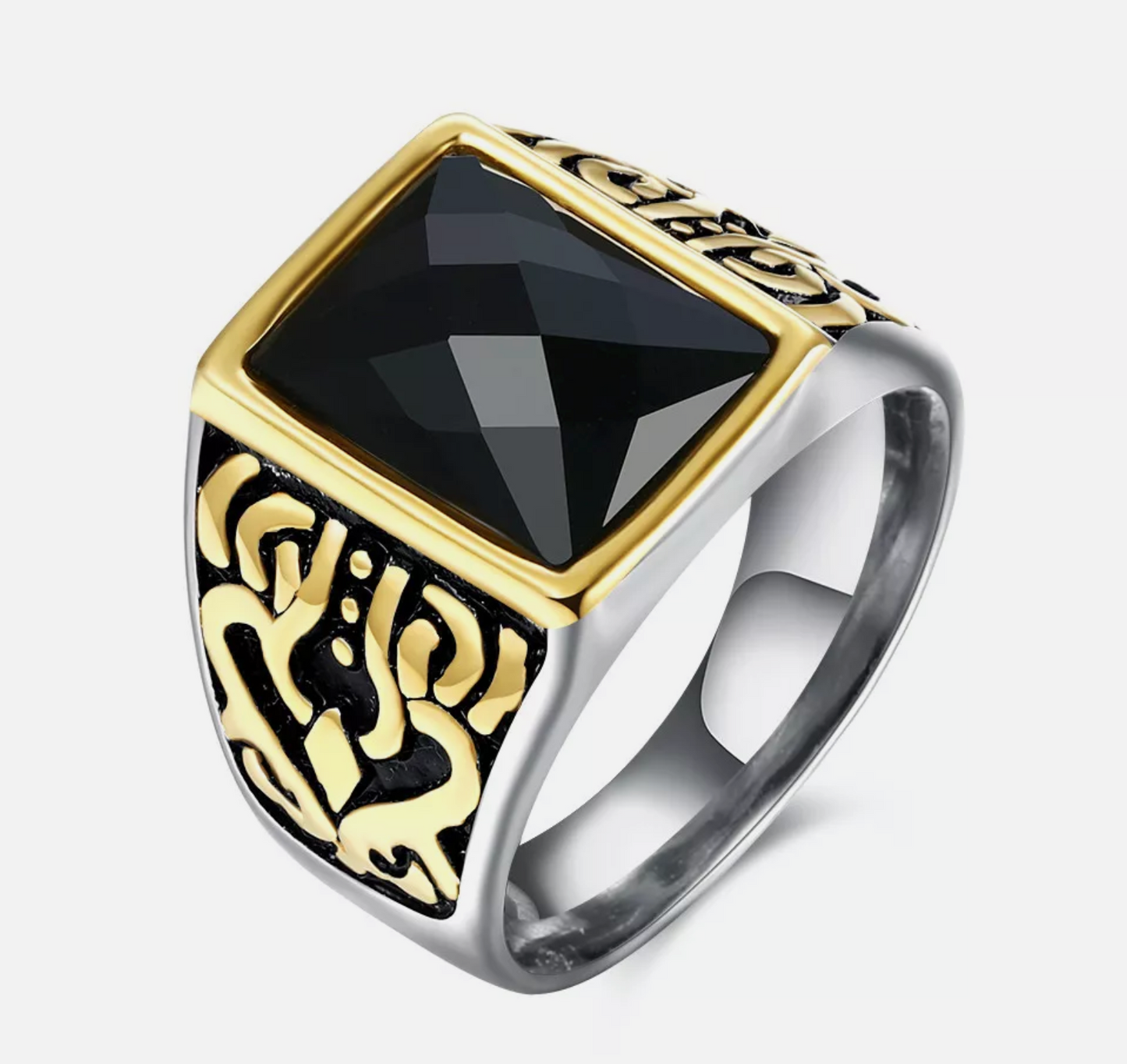 Mens Onyx Stone Silver Gold Detailed ring