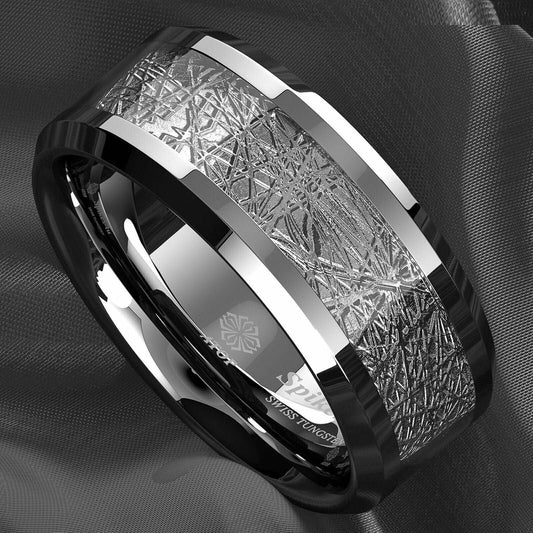 Sterling Silver Inlay Tungsten Ring 8mm