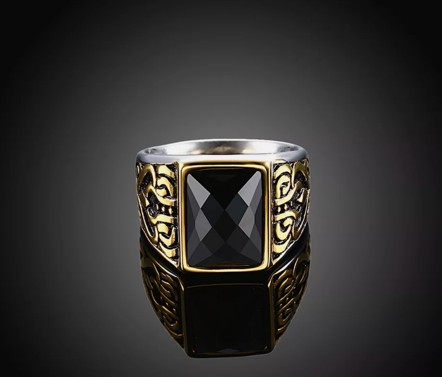 Mens Onyx Stone Silver Gold Detailed ring